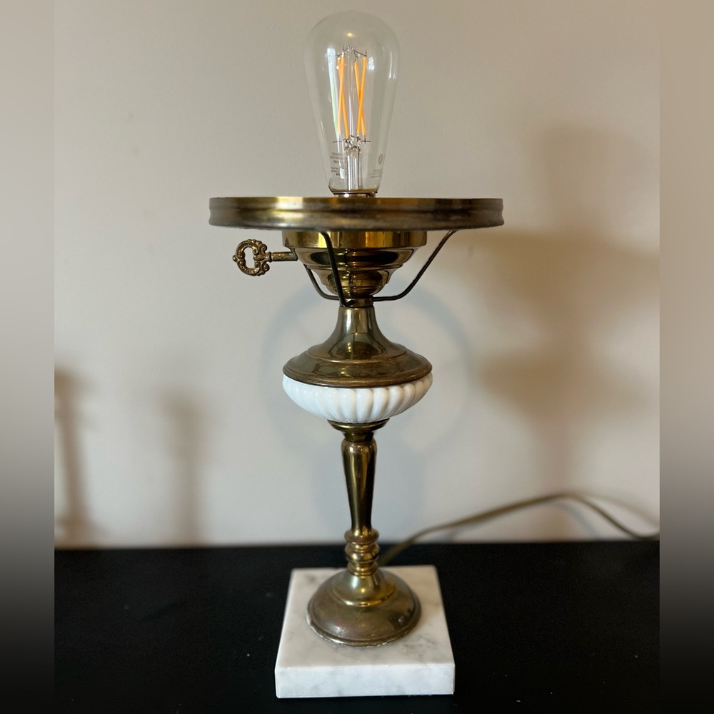 Vintage Brass and Milkglass Hurricane Lamp with Marble Base. (No shade)